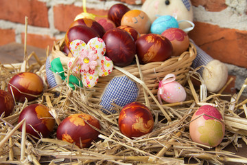 Colorful Easter eggs on wooden background. Easter eggs