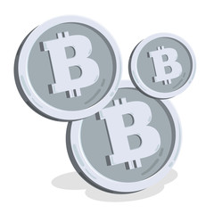 Bitcoin. 2D cartoon bit coin. Digital currency. Cryptocurrency. Golden coins with symbol isolated on white background. Stock vector illustration