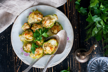 Brussels sprouts stuffed with cheese, top view