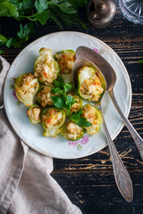 Brussels sprouts stuffed with cheese, top view