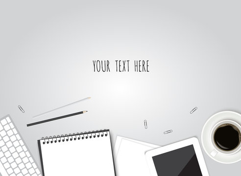 Paper, pencil, phone and coffee on the table. Top view desktop. Vector template for your design