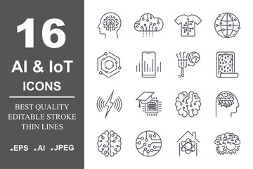 Set of 16 quality icons about AI, IoT,future technology. Editable Stroke.