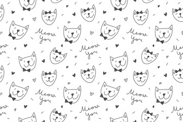 Cats in love, vector seamless pattern with cartoon cat faces and lettering Meow You
