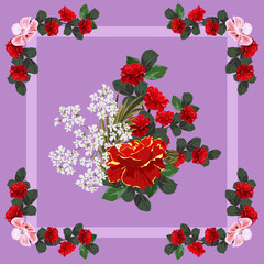 Square flower arrangement. Pattern for printing on scarves, postcards, carpets, bandanas, napkins, home textiles.