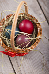 Colorful eastern eggs. Copy space. Selective focus