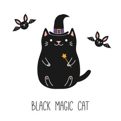 Hand drawn vector illustration of a kawaii funny black cat in a witch hat, holding magic wand, with flying bats. Isolated objects on white background. Line drawing. Design concept for children print.