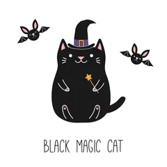 Fototapete Abbildungen Handgezeichnete Vektorgrafik einer kawaii lustigen schwarzen Katze in einem Hexenhut, die Zauberstab hält, mit fliegenden Fledermäusen. Isolierte Objekte auf weißem Hintergrund. Strichzeichnung. Designkonzept für Kinderdruck.