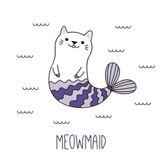 Illustration vectorielle dessinée à la main d& 39 une sirène de chat drôle kawaii nageant dans la mer. Objets isolés sur fond blanc. Dessin au trait. Concept de design pour les enfants imprimés.