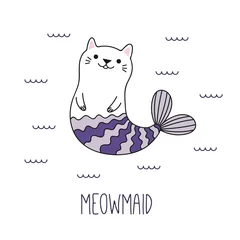 Papier Peint photo Illustration Illustration vectorielle dessinée à la main d& 39 une sirène de chat drôle kawaii nageant dans la mer. Objets isolés sur fond blanc. Dessin au trait. Concept de design pour les enfants imprimés.