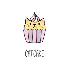 Hand drawn vector illustration of a kawaii funny cupcake with cat ears. Isolated objects on white background. Line drawing. Design concept for cat cafe, children print.