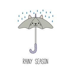 Hand drawn vector illustration of a kawaii funny umbrella with cat ears, under the rian. Isolated objects on white background. Line drawing. Design concept for rainy season children print.