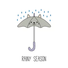 Sierkussen Hand drawn vector illustration of a kawaii funny umbrella with cat ears, under the rian. Isolated objects on white background. Line drawing. Design concept for rainy season children print. © Maria Skrigan