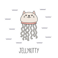 Illustration vectorielle dessinée à la main d& 39 une méduse de chat drôle kawaii, nageant dans la mer. Objets isolés sur fond blanc. Dessin au trait. Concept de design pour les enfants imprimés.
