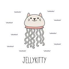 Sierkussen Hand drawn vector illustration of a kawaii funny cat jellyfish, swimming in the sea. Isolated objects on white background. Line drawing. Design concept for children print. © Maria Skrigan