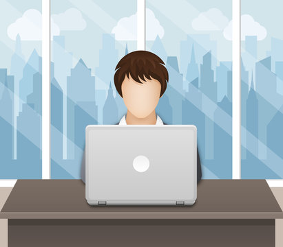 Businesswoman working on laptop in an office on a cityscape background. Vector illustration