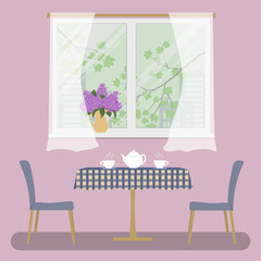 A table with a checkered tablecloth and two purple chairs on a window background. Outside the window there are trees branches with green leaves. There is a bouquet of lilacs on the windowsill. Vector