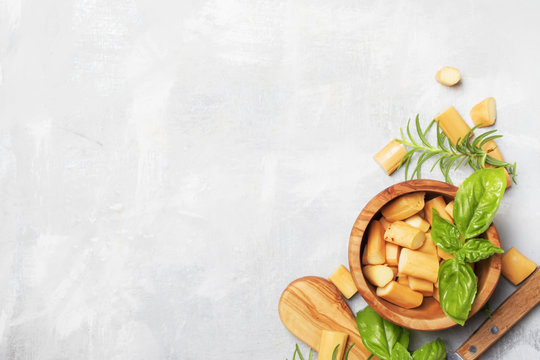 Traditional Caucasian smoked Chechel cheese, copy space, top view