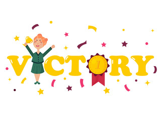 Girl holding winning trophy. Victory concept.