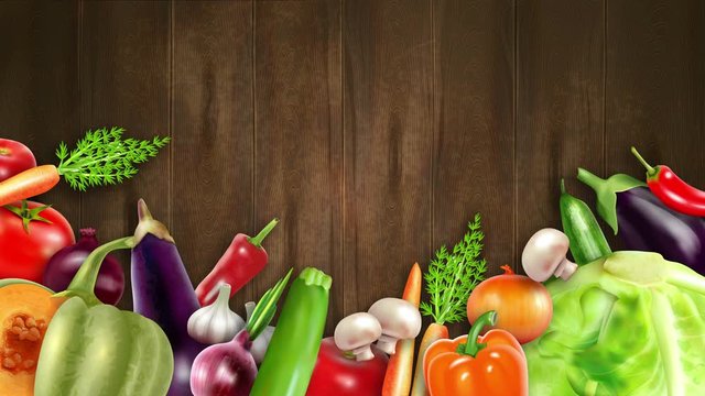 Realistic style vegetables falling on wooden background available in 4k UHD FullHD and HD video animation footage