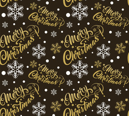 Fototapeta na wymiar Merry Christmas. Seamless pattern for packing Christmas gifts. Abstract gold snowflakes and text on black background. Holiday pattern. Template for your desing, paper for wrapping, fabric. Vector