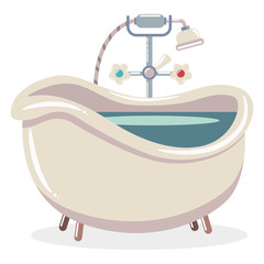 Naklejka premium Bathtub with water and shower. Vector cartoon flat illustration of a vintage bath isolated on white background.