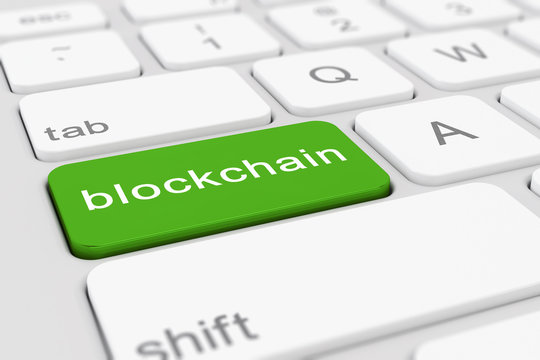 Computer-Tastatur mit einer gr&uuml;nen Taste und der Aufschrift blockchain.