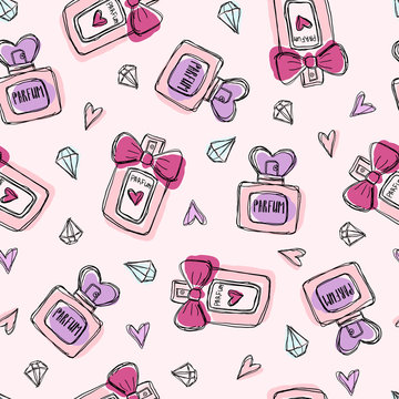 Seamless pattern with perfume bottles crystals and hearts. Colorful hand drawn illustration. Pink background.