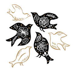 Bird silhouette with flooral pattern. Hand drawn design elements. Vector illustration. Nursery scandinavian art.