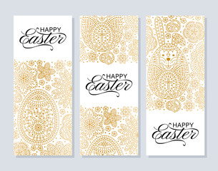 Happy Easter background. Good design template for banner, greeting card, flyer. Ornamental white bunny, eggs and flowers. Vector illustration