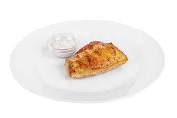 Steak from chicken, pork, grilled meat, barbecue, on a plate isolated white background. Tartar, sour cream, mayonnaise, white sauce. Juicy fillet, roast. For the menu in the restaurant, bar. Side view