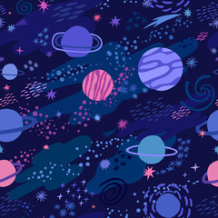 Vector space seamless pattern with star and planet