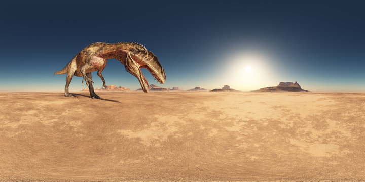 360 Grad Panorama mit dem Dinosaurier Acrocanthosaurus in einer Wüstenlandschaft