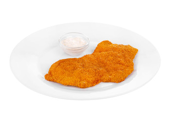 Schnitzel from chicken, pork, beef, meat, grilled fish, barbecue, isolated white background....