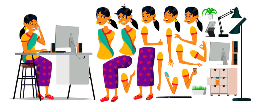 Business Man Character Vector. Working Hindu Male. Business Start Up. Modern Office. Coding, Software Development. Programmer. Animation Set. Bearded Salesman. Face Emotions. Cartoon Illustration