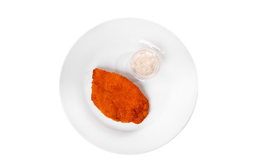 Schnitzel from chicken, pork, beef, meat, grilled fish, barbecue, isolated white background. Tartar, sour cream, mayonnaise, white sauce. For the menu in the restaurant bar View from above