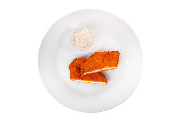 Schnitzel is cut into pieces of chicken, pork, meat, grilled, barbecue, isolated white background. Tartar, sour cream, mayonnaise, white sauce. For the menu in the restaurant, bar View from above