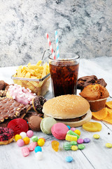 Unhealthy products. food bad for figure, skin, heart and teeth.