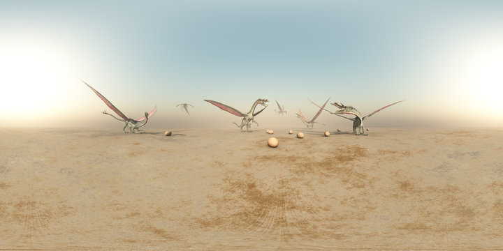 360 Grad Panorama mit Drachen in einer kargen Landschaft