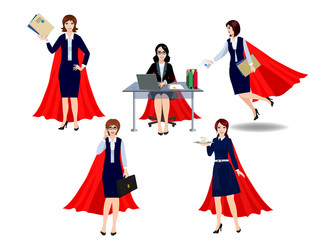 Cartoon female superheroes set. Office worker in the cloak of a superhero.