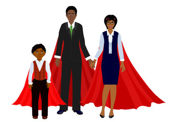 Happy super family in red cloak: superhero father, mother and son.