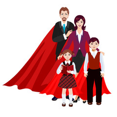 Happy super family in red cloak: superhero father, mother, daughter and son.