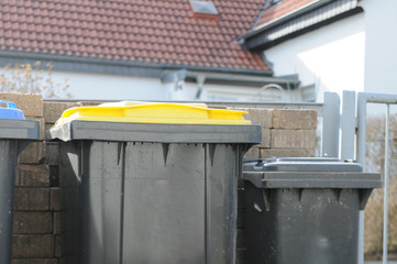 Mülltonne Garten Eigenheim Wohnanlage gelbe blaue Tonne recycling abfall