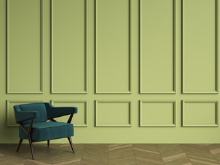 Emerald green armchair in classic interior with copy space.Green walls with mouldings. Floor parquet herringbone.Digital Illustration.3d rendering