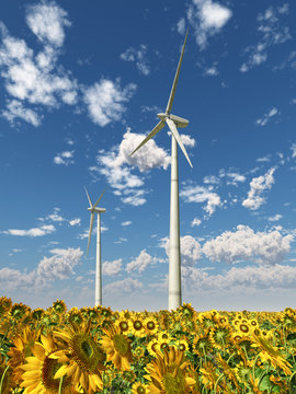 Windkraftanlagen und Sonnenblumen