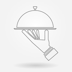 Hand holding platter with cloche food cover outline icon