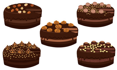 Chocolate cakes with nuts whole. Chocolate cake with nuts and cream isolated on white background. Vector illustration.