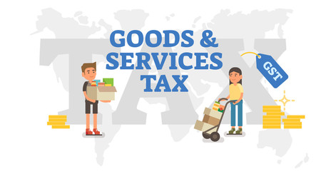 Good and services tax concept vector illustration with world map and delivering goods. 