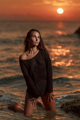 girl woman portrait with hat beach sunset