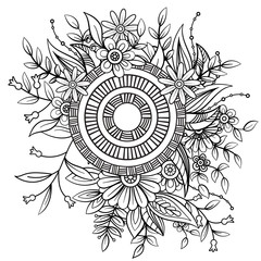 Floral pattern in black and white. Adult coloring book page with flowers and mandala. Art therapy, anti stress coloring page. Hand drawn vector illustration