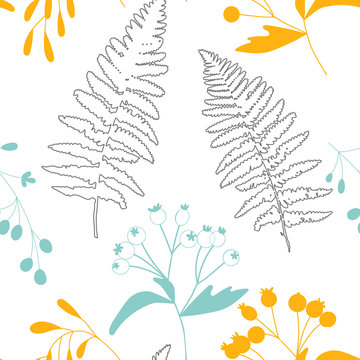 Vector botanical seamless pattern with  stylized rowan tree berries and fern leaves. Hand drawn twigs and berries in pastel colors.
